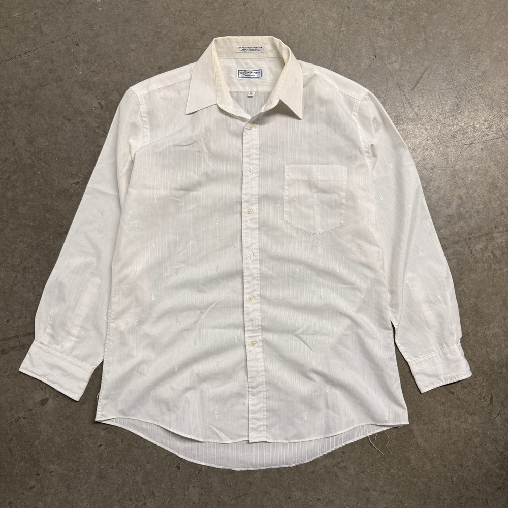 Vintage Yves Saint Laurent White Monogram Long Sleeve‎ Button Down Shirt Mens 16